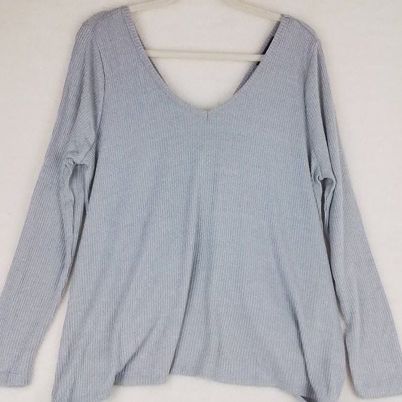 Soncy Ribbed Knit Sweater Sz 10 Gray Oversized Stretchy V Neck Twist Open Back - Picture 4 of 11